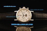 Breguet Moon Phase Lemania Manual Winding Working Chronograph Steel Case with White Dial and Black Leather Strap