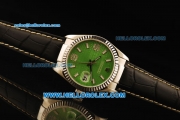 Rolex Datejust Automatic with Green Dial and ETA case-White Bezel-Diamond Marking-Small Calendar-Black Leather Strap