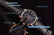 IWC Portuguese Chrono Japanese Miyota OS10 Quartz Rose Gold Case with Black Leather Strap and Black Dial Stick Markers