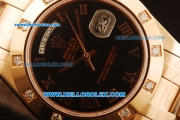 Rolex Day-Date Swiss ETA 2836 Automatic Rose Gold Case with Diamond Bezel and Black Dial -Rose Gold Strap