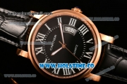 Cartier Rotonde De Miyota Quartz Steel Case with Roman Numeral Markers White Dial and Black Leather Strap