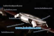 Cartier Rotonde De Swiss Manual Winding Steel Case with Brown Leather Bracelet Skeleton Dial and Diamond Bezel