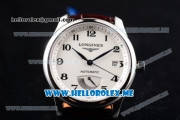 Longines Master Power Reserve Swiss ETA 2824 Automatic Steel Case with White Dial and Brown Leather Strap Arabic Numeral Markers