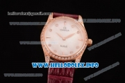 Omega De Ville Prestige Miyota Quartz Rose Gold Case with White MOP Dial Diamonds Bezel and Wine Leather Strap