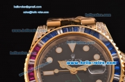 Rolex GMT-Master II Swiss ETA 2836 Automatic Gold Case with Colorful Diamond Bezel Black Dial and Yellow Gold Strap