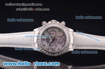 Rolex Daytona Chronograph Swiss Valjoux 7750 Automatic Steel Case with Diamond Bezel/Markers and MOP Dial-White Leather Strap
