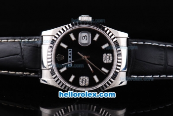 Rolex Datejust Automatic with Black Dial and White Bezel and Case--Diamond Marking-Small Calendar-Black Leather Strap