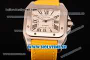 Cartier Santos 100 Large Asia Automatic Steel Case with Yellow Leather Strap Black Roman Numeral Markers and White Dial