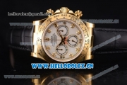 Rolex Cosmograph Daytona Clone Rolex 4130 Automatic Yellow Gold Case with White Dial Diamonds Markers and Black Leather Strap (EF)