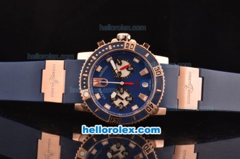 Ulysse Nardin Maxi Marine Diver Chrono OS20 Miyota Quartz Rose Gold Case with Blue Dial and Blue Rubber Strap - 7750 Coating