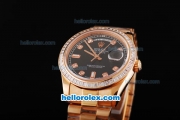Rolex Day-Date Swiss ETA 2836 Automatic Movement Full Rose Gold Case/Strap with Black Dial and Diamond Bezel/Hour Marker