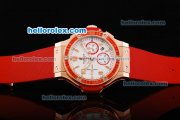 Hublot Big Bang Chronograph Swiss Valjoux 7750 Automatic Movement White Dial with Red Diamond Bezel and Red Rubber Strap
