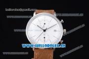 Junghans Max Bill Chronoscope Miyota OS10 Quartz PVD Case White Dial Brown Leather Strap and Stick Markers