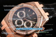 Audemars Piguet Royal Oak Chrono Miyota OS20 Quartz Rose Gold Case with Black Leather Bracelet Brown Dial and Diamond Bezel - 7750 Coating