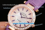 Franck Muller Ronde Miyota Quartz Rose Gold Case with Purple Leather Bracelet Diamond Bezel and Purple Stick Markers