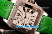 Cartier Santos 100 Large Asia Automatic Steel Case with Green Leather Strap Black Roman Numeral Markers and White Dial