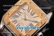 Cartier Santos 100 Medium Swiss ETA 2824 Automatic Steel Case with Diamonds Bezel and Beige Dial