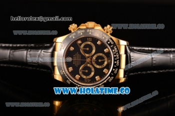 Rolex Daytona Chrono Swiss Valjoux 7750 Automatic Yellow Gold Case with Diamonds Markers Black Dial and Black Leather Strap - Ceramic Bezel (BP)