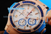 Hublot Big Bang Chronograph Swiss Valjoux 7750 Automatic Movement White Dial with Blue Diamond Bezel and Blue Rubber Strap