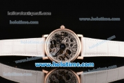 Cartier Rotonde De Swiss Manual Winding Rose Gold Case with White Leather Bracelet and Skeleton Dial