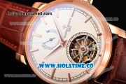 Vacheron Constantin Patrimony Swiss Tourbillon Manual Winding Rose Gold Case with White Dial Brown Alligator Strap and Stick Markers