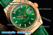 Rolex Day-Date Asia 2813 Automatic Yellow Gold Case with Green Leather Strap Stick Markers and Green Dial