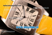 Cartier Santos 100 Large Asia Automatic Steel Case with Yellow Leather Strap Black Roman Numeral Markers and White Dial