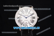 Cartier Rotonde De Tourbillon Asia 6497 Manual Winding Steel Case with White Dial and Diamonds Bezel Black Leather Strap