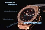 Hublot Big Bang Swiss Quartz Rose Gold Case with Stick/Numeral Markers Diamond Bezel and Black Rubber Strap