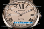 Cartier Rotonde De Miyota Quartz Steel Case with White Dial and Brown Leather Strap - Roman Numeral Markers