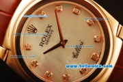 Rolex Cellini Swiss Quartz Rose Gold Case with White MOP Dial and Brown Leather Strap-Diamond Markers