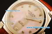 Rolex Cellini Swiss Quartz Steel Case with Pink MOP Dial and Brown Leather Strap-Diamond Markers