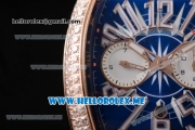 Franck Muller Vanguard Miyota OS20 Quartz Rose Gold Case with Blue Dial Blue Leather Strap Arabic Numeral Markers and Diamonds Bezel