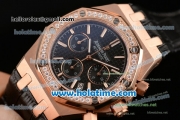 Audemars Piguet Royal Oak Chrono Miyota OS20 Quartz Rose Gold Case with Black Leather Bracelet Black Dial and Diamond Bezel - 7750 Coating