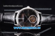 Jaeger-LECoultre Master Ultra Thin Tourbillon Swiss Tourbillon Manual Winding Steel Case with Black MOP Dial Stick Markers and Black Leather Strap
