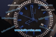 Hublot Classic Fusion Chronograph Miyota Quartz PVD Case - Diamond Bezel with Black Dial and Blue Rubber Strap - 7750 Coating