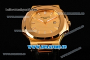 Patek Philippe Nautilus Asia Automatic Yellow Gold Case with Gold Dial Black Leather Strap and Stick Markers