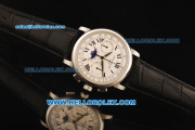 Patek Philippe Moonphase Chronograph Swiss Valjoux 7750 Manual Winding Movement Steel Case with White Dial and Black Leather Strap