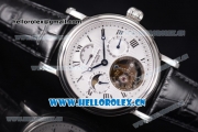 Patek Philippe Grand Complication Swiss Tourbillon Automatic Steel Case with White Dial Black Leather Strap and Roman Numeral Markers