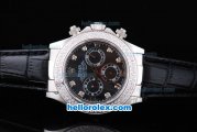 Rolex Daytona Oyster Perpetual Chronometer Automatic with Full Diamond Bezel,Black Dial and Diamond Marking-Black Leather Strap