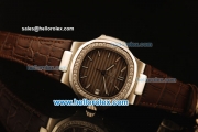 Patek Philippe Nautilus Swiss ETA 2824 Automatic Steel Case with Diamond Bezel and Brown Dial/Leather Strap-1:1 Original