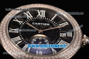 Cartier Rotonde De Miyota Quartz Steel Case/Bracelet with Black Dial Diamonds Bezel and Black Roman Numeral Markers