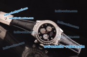 Rolex Daytona Swiss Valjoux 7750-SHG Automatic Diamond Case/Bezel - Black Dial and Black Leather Strap