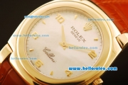 Rolex Cellini Swiss Quartz Yellow Gold Case with White MOP Dial and Brown Leather Strap-Numeral Markers