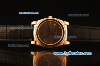 Rolex Cellini Swiss Quartz Rose Gold Case with Grey Dial and Black Leather Strap-Numeral Markers