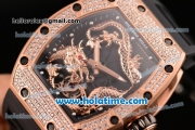 Richard Mille Tourbillon RM 057 Dragon Swiss ETA 2824 Automatic Rose Gold&Diamonds Case with Black Rubber Strap and Dragon Dial