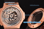 Hublot Aero Bang Chronograph Swiss valjoux 7750-SHG automatic Rose Gold Case with Skeleton Dial Gold Stick Markers and Black Rubber Strap