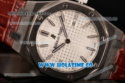 Audemars Piguet Royal Oak Lady Swiss Quartz Steel Case with Brown Leather Strap White Dial and Stick Markers