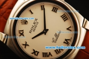 Rolex Cellini Swiss Quartz Steel Case with White Dial and Brown Leather Strap-Roman Markers