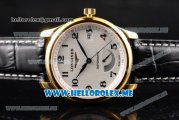 Longines Master Power Reserve Swiss ETA 2824 Automatic Yellow Gold Case with White Dial and Black Leather Strap Arabic Numeral Markers